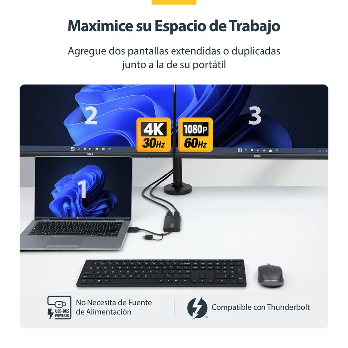 StarTech 107B-USB-HDMI Adaptador Gráfico USB a 2 HDMI Dual 4K 30Hz + 1080p para Windows, macOS y Chrome OS - Gris - Aumenta la Productividad