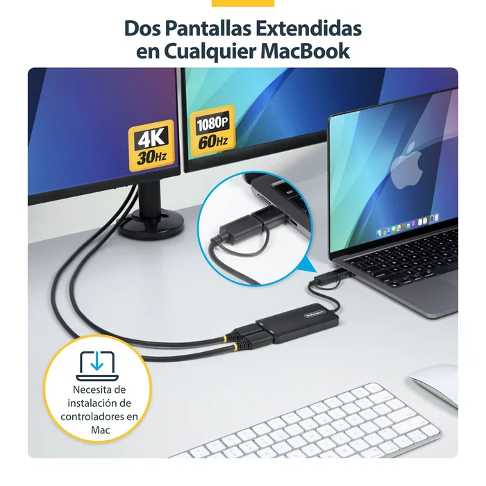 StarTech 107B-USB-HDMI Adaptador Gráfico USB a 2 HDMI Dual 4K 30Hz + 1080p para Windows, macOS y Chrome OS - Gris - Aumenta la Productividad