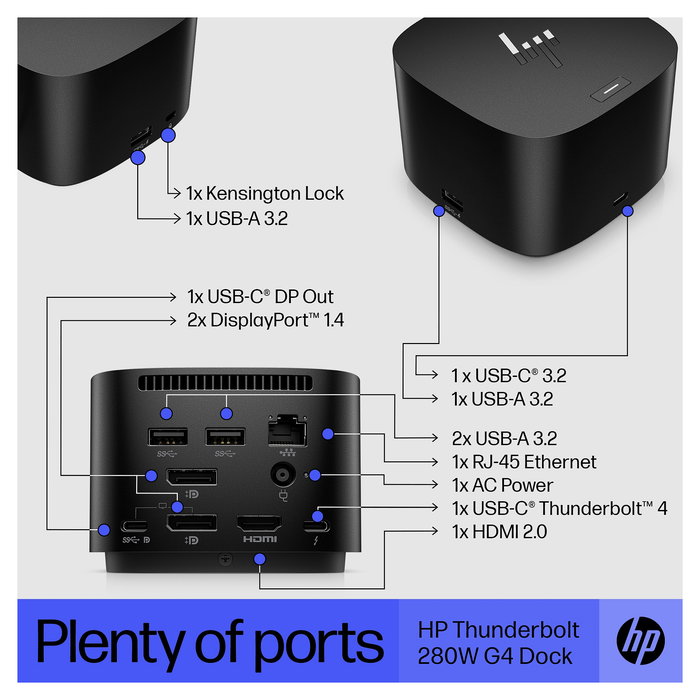 HP Dock Thunderbolt G4 280W con Cable Combo para Notebook y Workstation - 4 puertos USB 3.2, HDMI 2.0, DisplayPort, Ethernet, Kensington, Negro, Compatible con Windows/MacOS