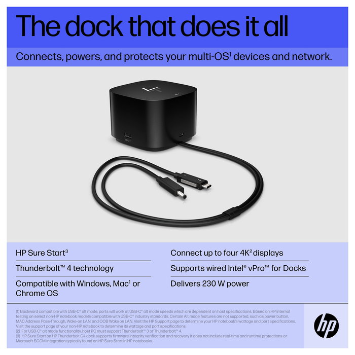 HP Dock Thunderbolt G4 280W con Cable Combo para Notebook y Workstation - 4 puertos USB 3.2, HDMI 2.0, DisplayPort, Ethernet, Kensington, Negro, Compatible con Windows/MacOS