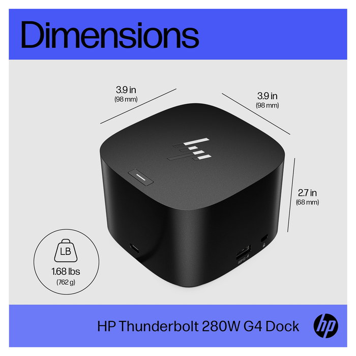 HP Dock Thunderbolt G4 280W con Cable Combo para Notebook y Workstation - 4 puertos USB 3.2, HDMI 2.0, DisplayPort, Ethernet, Kensington, Negro, Compatible con Windows/MacOS