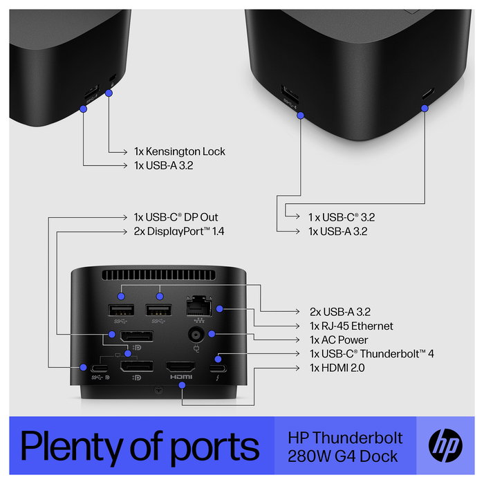 HP Dock Thunderbolt G4 280W con Cable Combo para Notebook y Workstation - 4 puertos USB 3.2, HDMI 2.0, DisplayPort, Ethernet, Kensington, Negro, Compatible con Windows/MacOS