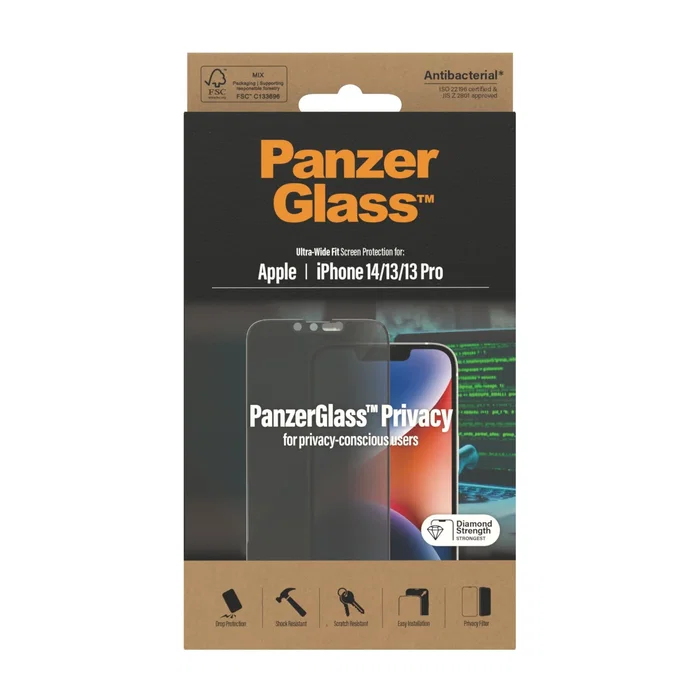 PanzerGlass Protector de Pantalla Privacy Vidrio Templado Ultra-Wide Fit para Apple iPhone 14, iPhone 13, iPhone 13 Pro, 1 Unidad, Aplicación en Seco