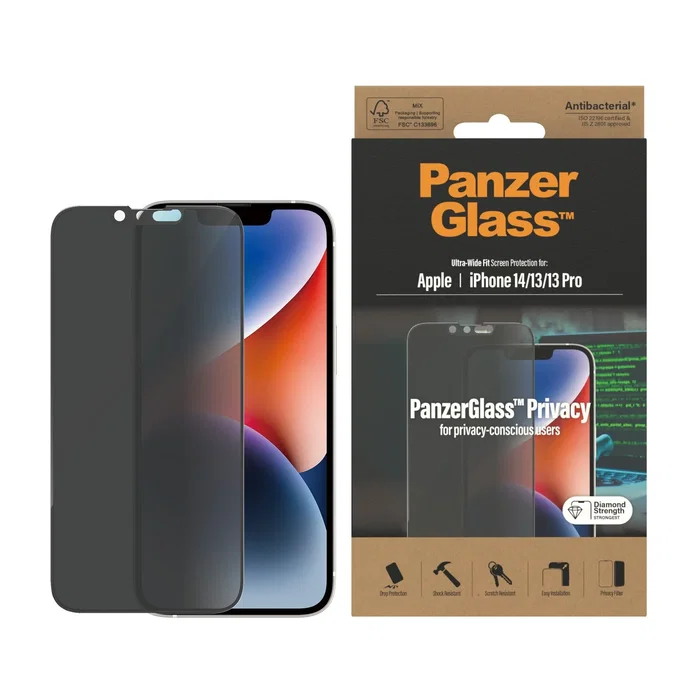 PanzerGlass Protector de Pantalla Privacy Vidrio Templado Ultra-Wide Fit para Apple iPhone 14, iPhone 13, iPhone 13 Pro, 1 Unidad, Aplicación en Seco