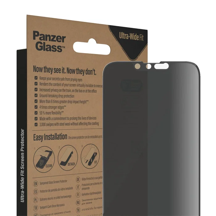 PanzerGlass Protector de Pantalla Privacy Vidrio Templado Ultra-Wide Fit para Apple iPhone 14, iPhone 13, iPhone 13 Pro, 1 Unidad, Aplicación en Seco