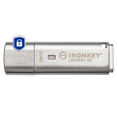 Kingston IronKey Locker+ 50 USB 3.2 Gen 1 32GB Plata - Unidad Flash Segura con Cifrado Hardware AES 256-bit, FIPS 197, USBtoCloud