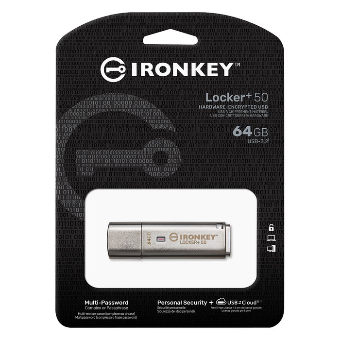 Kingston Pendrive IronKey Locker+ 50 64GB, Llavero USB Cifrado FIPS 197, IKLP50/64GB