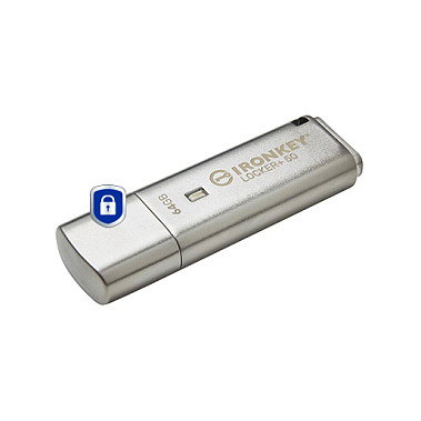 Kingston Pendrive IronKey Locker+ 50 64GB, Llavero USB Cifrado FIPS 197, IKLP50/64GB