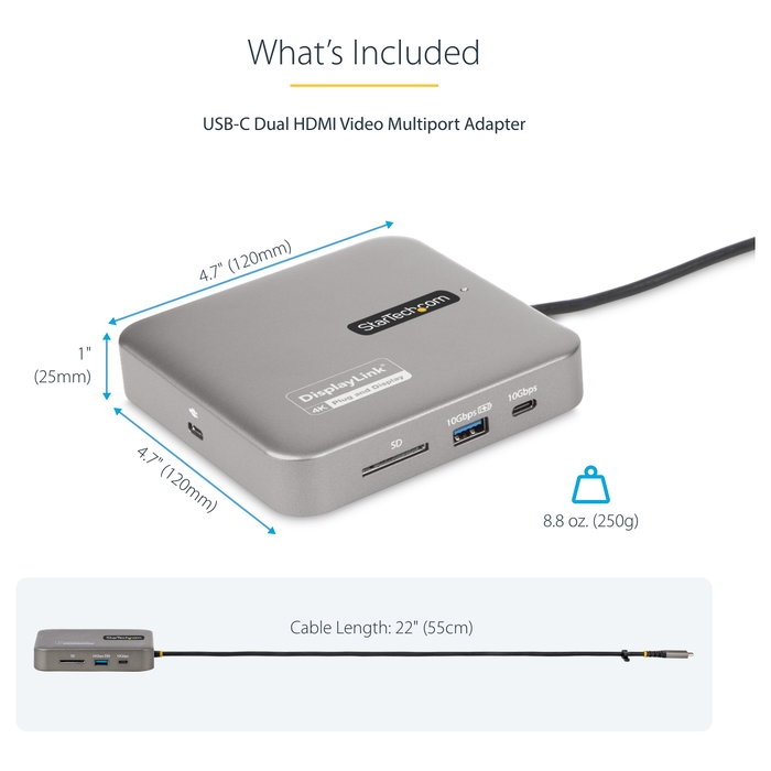 StarTech.com Adaptador Multipuertos USB C Doble HDMI 4K 60Hz Hub 10Gbps PD100W StarTech.com Adaptador Multipuertos USB C Doble HDMI 4K 60Hz Hub 10Gbps PD100W