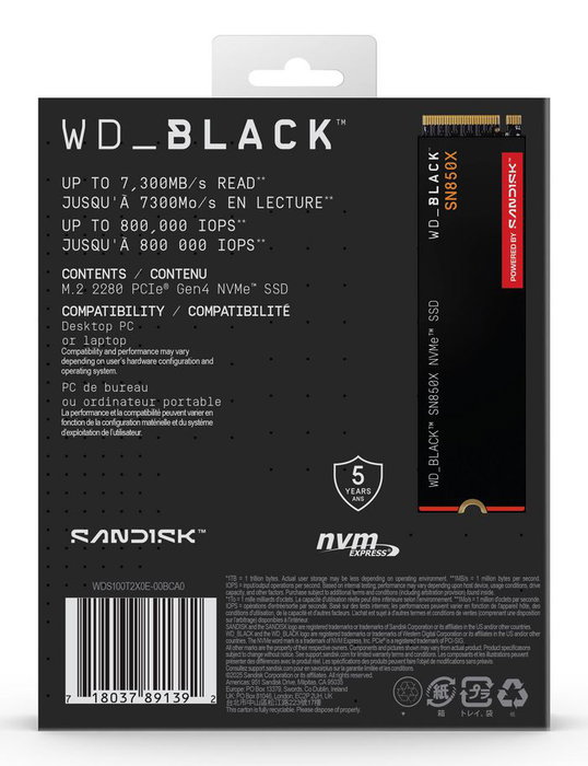 Western Digital WD_BLACK SN850X SSD NVMe PCIe Gen4 1TB - Disco duro interno de estado sólido, velocidad hasta 7300 MB/s, ideal para gaming