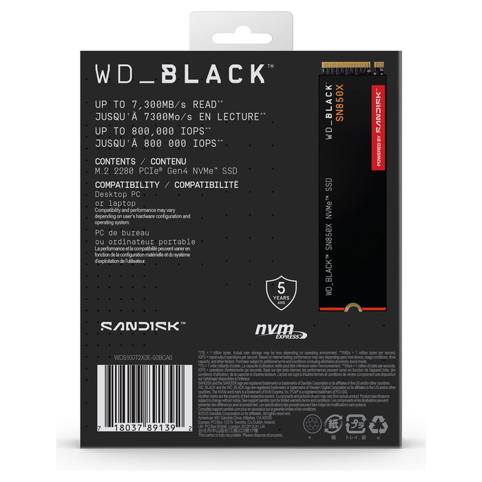 Western Digital WD_BLACK SN850X NVMe SSD 1 TB M.2 PCIe 4.0 x4, 7300 MB/s