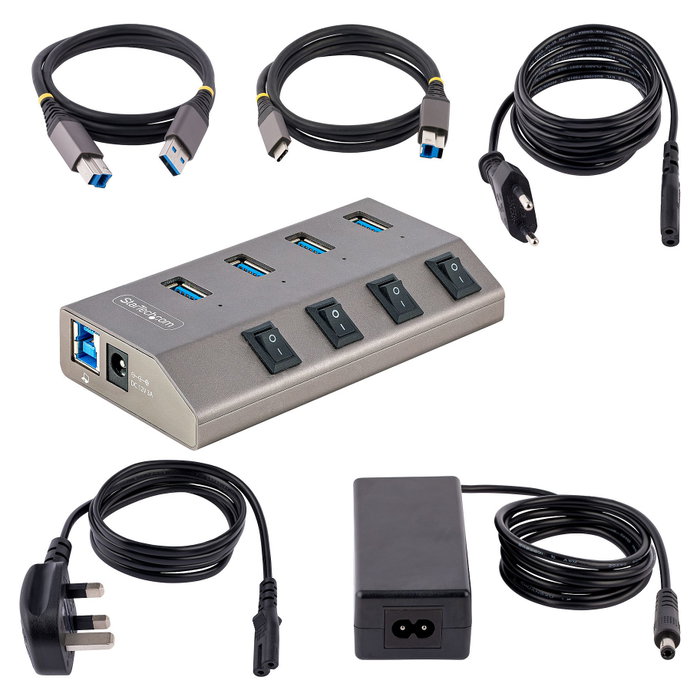 StarTech Hub USB-C de 4 puertos con interruptores individuales y alimentación externa, Gris