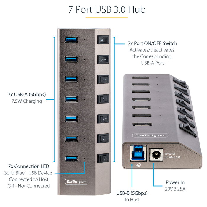 StarTech.com Hub USB-C de 7 Puertos USB-A con Interruptores Individuales y Fuente de Alimentación de 65 W StarTech.com Hub USB-C de 7 Puertos USB-A con Interruptores Individuales y Fuente de Alimentación de 65 W