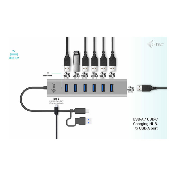 i-tec Hub USB-C Carga Metálico 7 Puertos - Hub de Carga USB-C