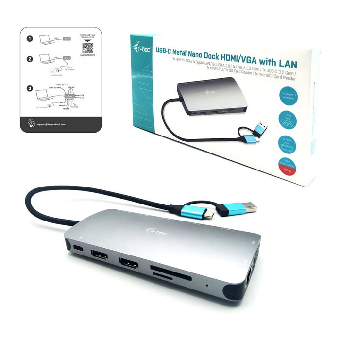 i-tec USB-C Metal Nano Dock - 2xHDMI, VGA, SD/microSD, Gigabit LAN, USB 2.0, USB 3.2 y USB-C para Datos/Carga - Hub y Adaptador Universal i-tec USB-C Metal Nano Dock - 2xHDMI, VGA, SD/microSD, Gigabit LAN, USB 2.0, USB 3.2 y USB-C para Datos/Carga - Hub y Adaptador Universal