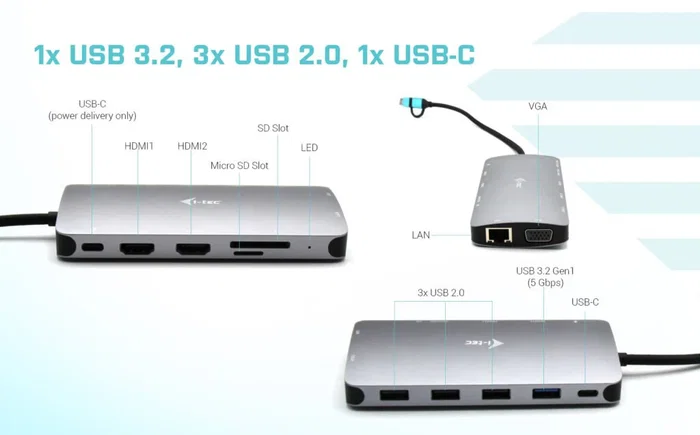 i-tec CANANOTDOCKPD Docking Station USB-C para Portátil - 2x HDMI 4K, VGA, 3 Monitores, 100W PD, Gigabit LAN, Lector SD, 5x USB, Plata - Compatible con Thunderbolt, USB4