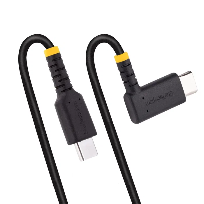 StarTech Cable USB-C R2CCR-15C-USB-CABLE Acodado PD 60W 3A 15cm Negro - Compatible USB 2.0, Carga Rápida y Sincronización para iPad Pro, Galaxy