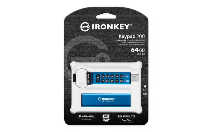 Kingston IronKey Keypad 200 IKKP200/64GB - Pendrive USB 3.2 Tipo A 64 GB Azul - Cifrado Hardware 256-bit, FIPS 140-3 Nivel 3, Teclado, IP68, Resistente Agua/Polvo