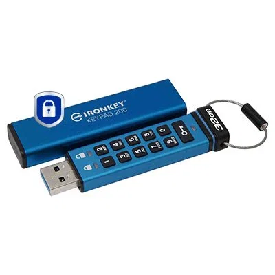 Kingston IronKey Keypad 200 32GB USB 3.2 Gen 1 - IKKP200/32GB - Pendrive Seguro con Teclado, Cifrado Hardware AES 256-bit, Validación FIPS 140-3 Nivel 3, IP68, Azul