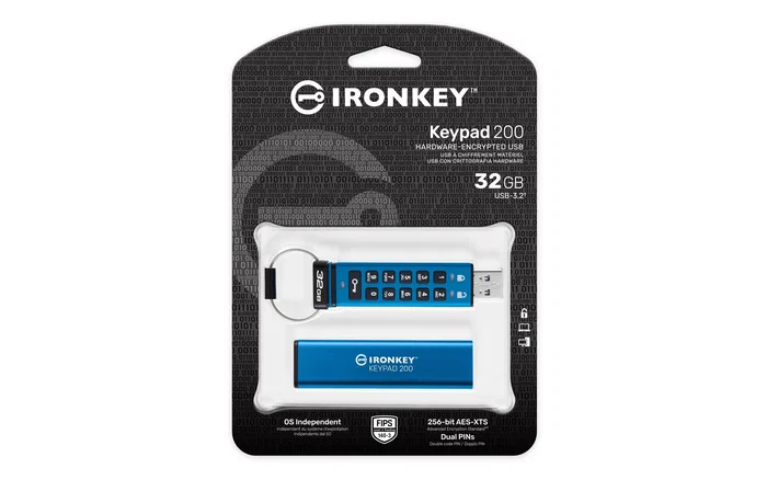 Kingston IronKey Keypad 200 32GB USB 3.2 Gen 1 - IKKP200/32GB - Pendrive Seguro con Teclado, Cifrado Hardware AES 256-bit, Validación FIPS 140-3 Nivel 3, IP68, Azul