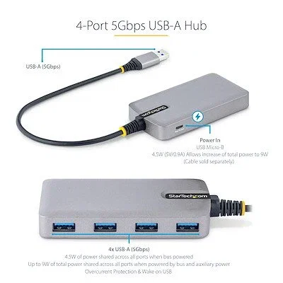 StarTech.com 5G4AB-USB-A-HUB Hub USB 3.2 Gen 1 de 4 Puertos Tipo-A Gris 5Gbps con Entrada Auxiliar Micro USB, Compacto, Plug & Play para PC, Mac