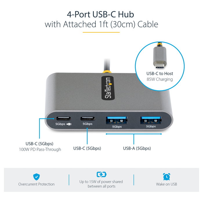 StarTech.com Hub USB-C de 4 Puertos con Power Delivery de 100W
