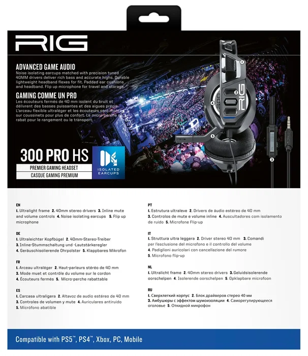 Nacon RIG 300 PRO HS Auriculares Gaming Diadema Alámbrico con Micrófono para PS5, PS4, Xbox, Nintendo Switch, PC (Windows) - Color Negro
