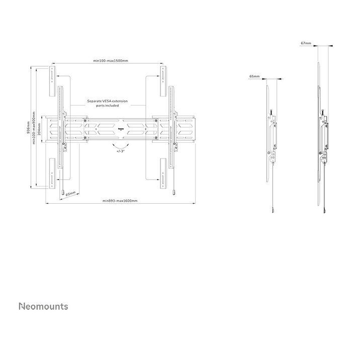 Neomounts WL30S-950BL19 Soporte de Pared Fijo para TV/Pantalla 55-115" (139-292 cm), 160 kg, VESA 1500x900, Bloqueable, Negro