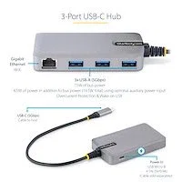 StarTech Hub USB-C 3 Puertos USB 3.0 5Gbps Gigabit Ethernet RJ45 con Alimentación Auxiliar 5G3AGBB-USB-C-HUB Compatible Windows, macOS, iPadOS, ChromeOS, Android Cable de 30 cm