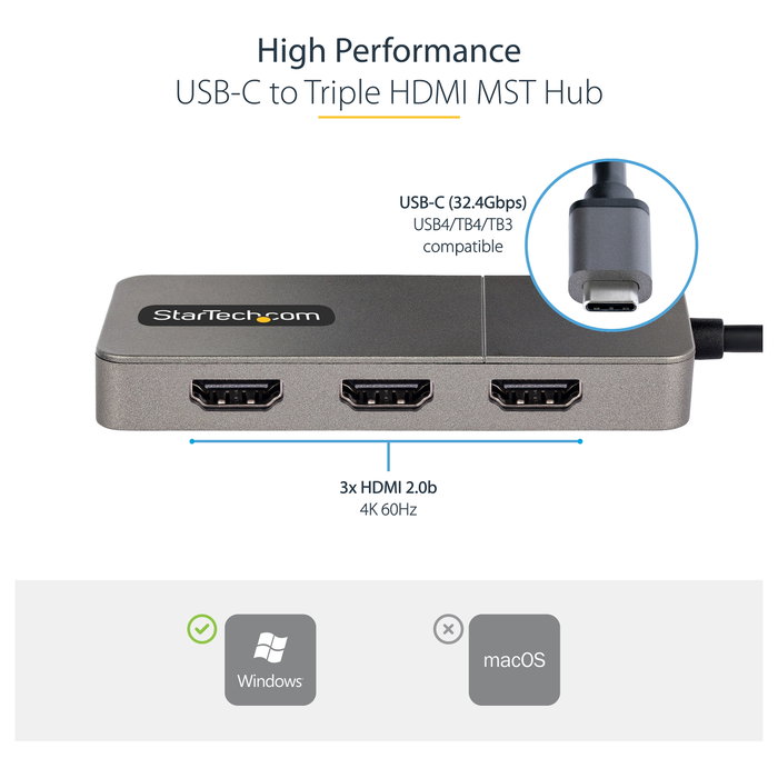 StarTech.com Hub MST USB-C de 3 Puertos HDMI 4K 60Hz HDR