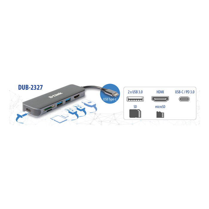 D-Link DUB-2327 Hub USB-C 6 en 1 con HDMI, Carga 60W PD 3.0, Puertos USB 3.2 Gen 1, Lector Tarjetas SD/MicroSD, Gris, Plug & Play