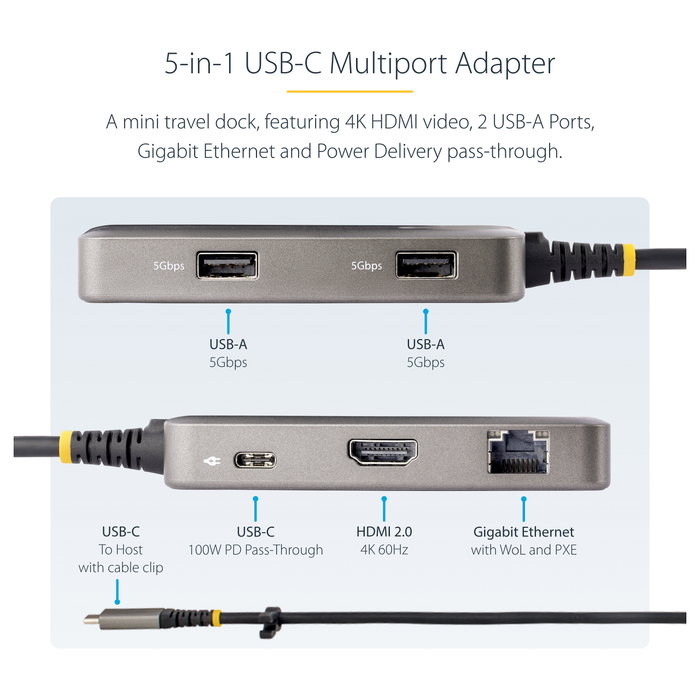 StarTech.com Adaptador Multipuertos USB-C 5 en 1 HDMI 4K60 PD 100W GbE Gris StarTech.com Adaptador Multipuertos USB-C 5 en 1 HDMI 4K60 PD 100W GbE Gris