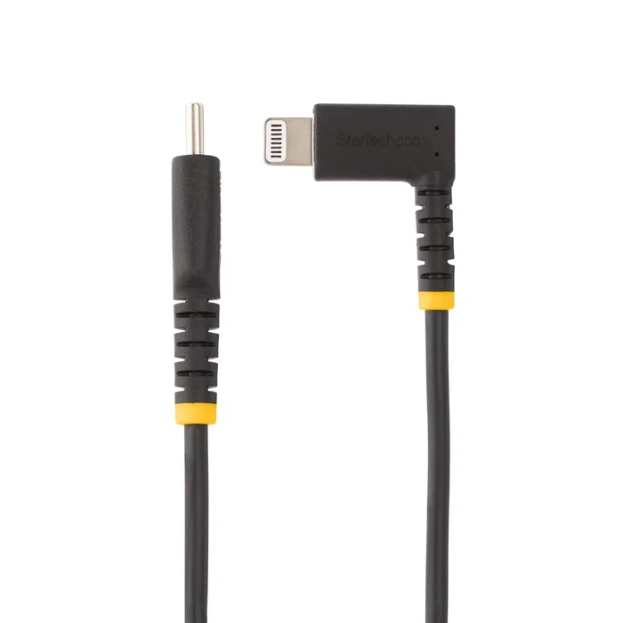 StarTech Cable USB-C a Lightning MFI Acodado 1m - Negro - Carga Rápida 3A - Diseño Reforzado con Fibra de Aramida - Certificación Apple - RUSB2CLTMM1MR