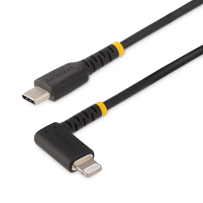 StarTech Cable USB-C a Lightning MFI Acodado 1m - Negro - Carga Rápida 3A - Diseño Reforzado con Fibra de Aramida - Certificación Apple - RUSB2CLTMM1MR