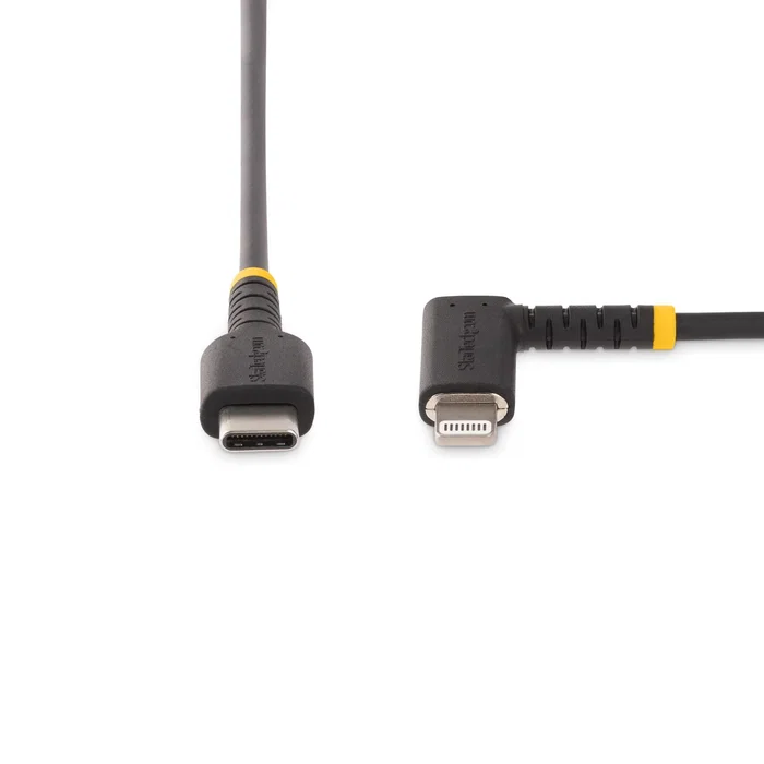 StarTech Cable USB-C a Lightning MFI Acodado 1m - Negro - Carga Rápida 3A - Diseño Reforzado con Fibra de Aramida - Certificación Apple - RUSB2CLTMM1MR