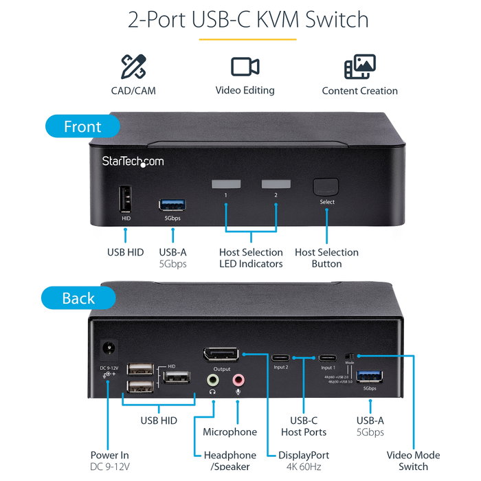 Startech Conmutador KVM USB-C de 2 Puertos DisplayPort 4K 60Hz, Audio 3.5mm, Hub 4x USB y 2x USB-A 3.2 Gen 1 de 5 Gbps Startech Conmutador KVM USB-C de 2 Puertos DisplayPort 4K 60Hz, Audio 3.5mm, Hub 4x USB y 2x USB-A 3.2 Gen 1 de 5 Gbps