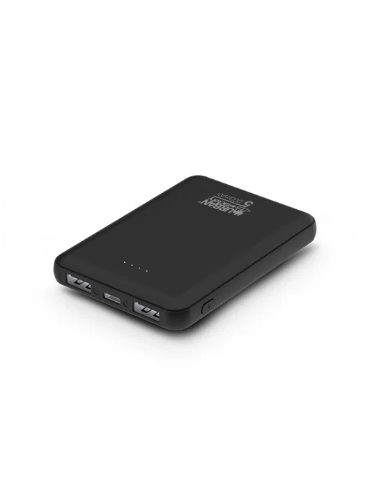 Urban Factory UPB05UF Batería Externa Polímero 5000 mAh Negro, Carga Rápida, USB-C, 2 Puertos USB, Compacta 63x94x14 mm