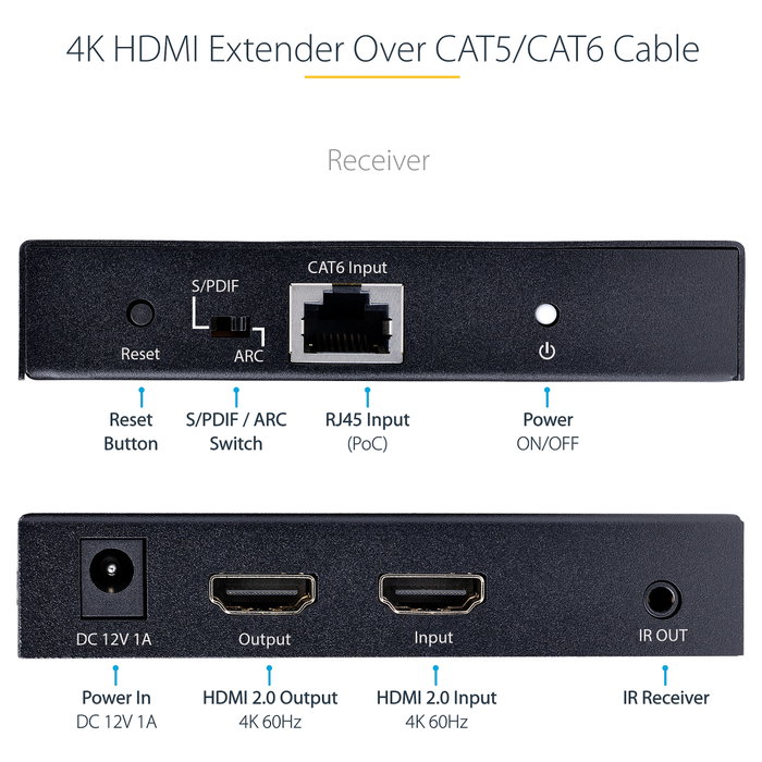 Startech.com Extensor HDMI 4K por cable Cat5/Cat6 Ethernet - Extensor de vídeo 4K 60Hz HDR hasta 70m - Salida de audio S/PDIF