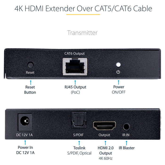Startech.com Extensor HDMI 4K por cable Cat5/Cat6 Ethernet - Extensor de vídeo 4K 60Hz HDR hasta 70m - Salida de audio S/PDIF