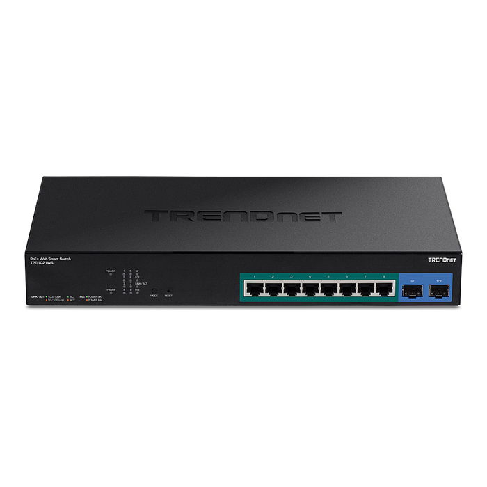 TRENDnet TPE-1021WS Switch Web Smart Gigabit PoE+ de 10 Puertos, 8x PoE de 30W, 2 SFP, Gestionado L2/L3/L4, Montaje en Rack, 20 Gbps