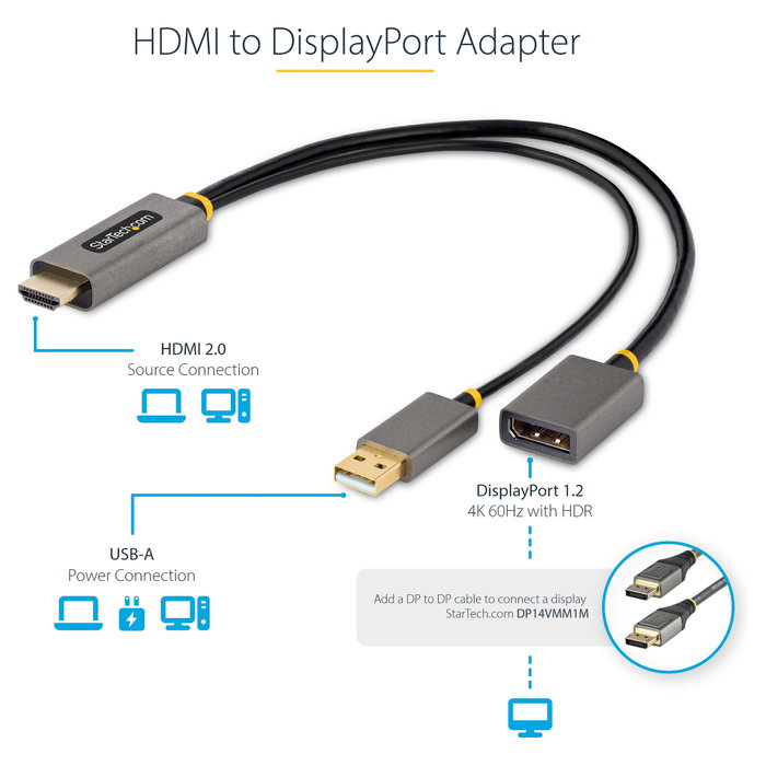 Startech Adaptador HDMI a DisplayPort Activo - 4K 60Hz - Alimentado por USB - Longitud 30 cm