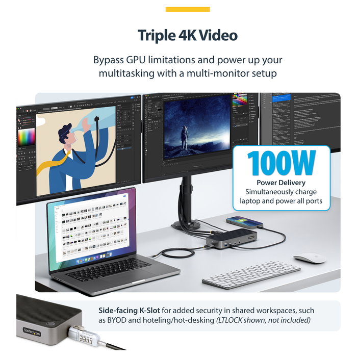 Startech USB-C Triple Monitor Docking Station - HDMI/DP Triple 4K Dock - 5x USB Hub - GbE - 100W PD Universal