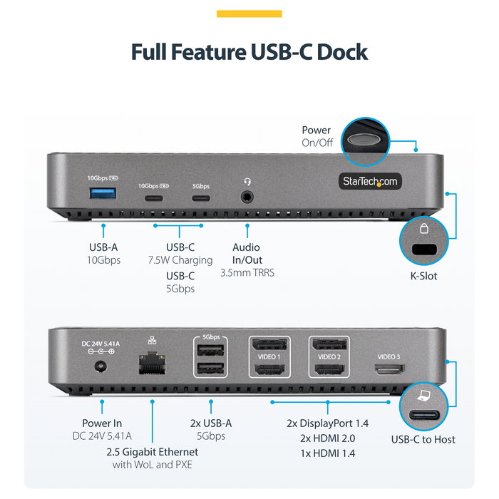 Startech USB-C Triple Monitor Docking Station - HDMI/DP Triple 4K Dock - 5x USB Hub - GbE - 100W PD Universal