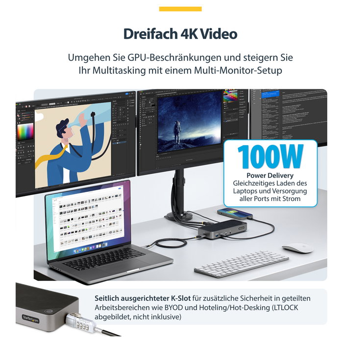 Startech USB-C Triple Monitor Docking Station - HDMI/DP Triple 4K Dock - 5x USB Hub - GbE - 100W PD Universal