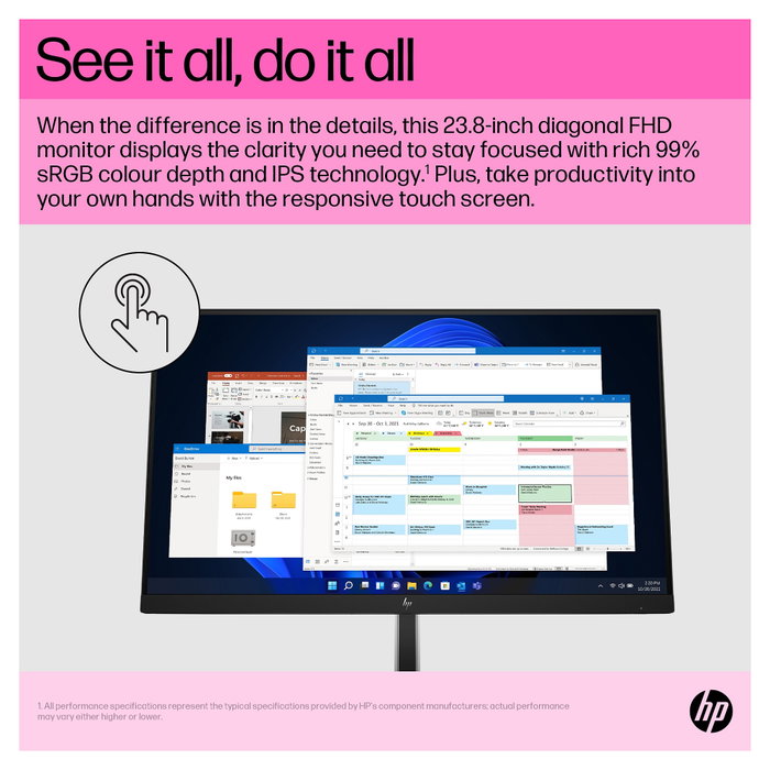 HP E24t G5 Monitor 23.8 pulgadas FHD 1920x1080 IPS Pantalla Táctil con Pivot Altura Ajustable HDMI DisplayPort USB 75 Hz Low Blue Light Negro para Negocios