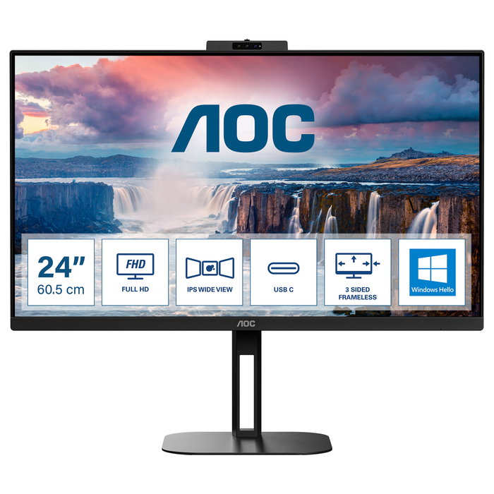 AOC 24V5CW/BK Monitor Profesional 23,8 pulg. Full HD IPS con Webcam Windows Hello y USB-C