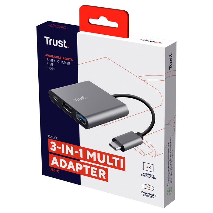 Trust Adaptador 3-en-1 USB-C a HDMI con PD, Cable de 10 cm - Dalyx - Gris Trust Adaptador 3-en-1 USB-C a HDMI con PD, Cable de 10 cm - Dalyx - Gris
