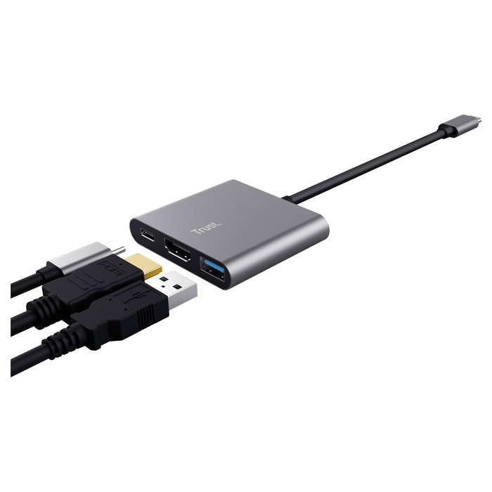 Trust Adaptador 3-en-1 USB-C a HDMI con PD, Cable de 10 cm - Dalyx - Gris Trust Adaptador 3-en-1 USB-C a HDMI con PD, Cable de 10 cm - Dalyx - Gris
