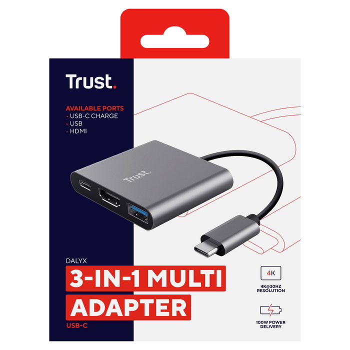 Trust Adaptador 3-en-1 USB-C a HDMI con PD, Cable de 10 cm - Dalyx - Gris Trust Adaptador 3-en-1 USB-C a HDMI con PD, Cable de 10 cm - Dalyx - Gris