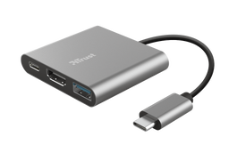 Trust 23772 Adaptador Multipuerto USB-C 3 en 1 con HDMI, USB-A y USB-C PD para Portátil y MacBook, Aluminio Negro